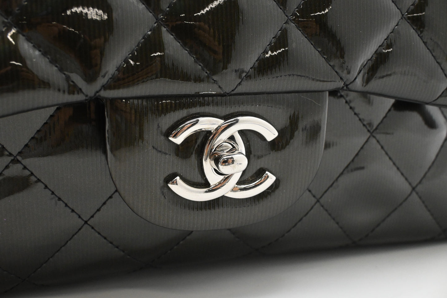 Chanel Jumbo Flap in Dark Green Striated Patent Leather