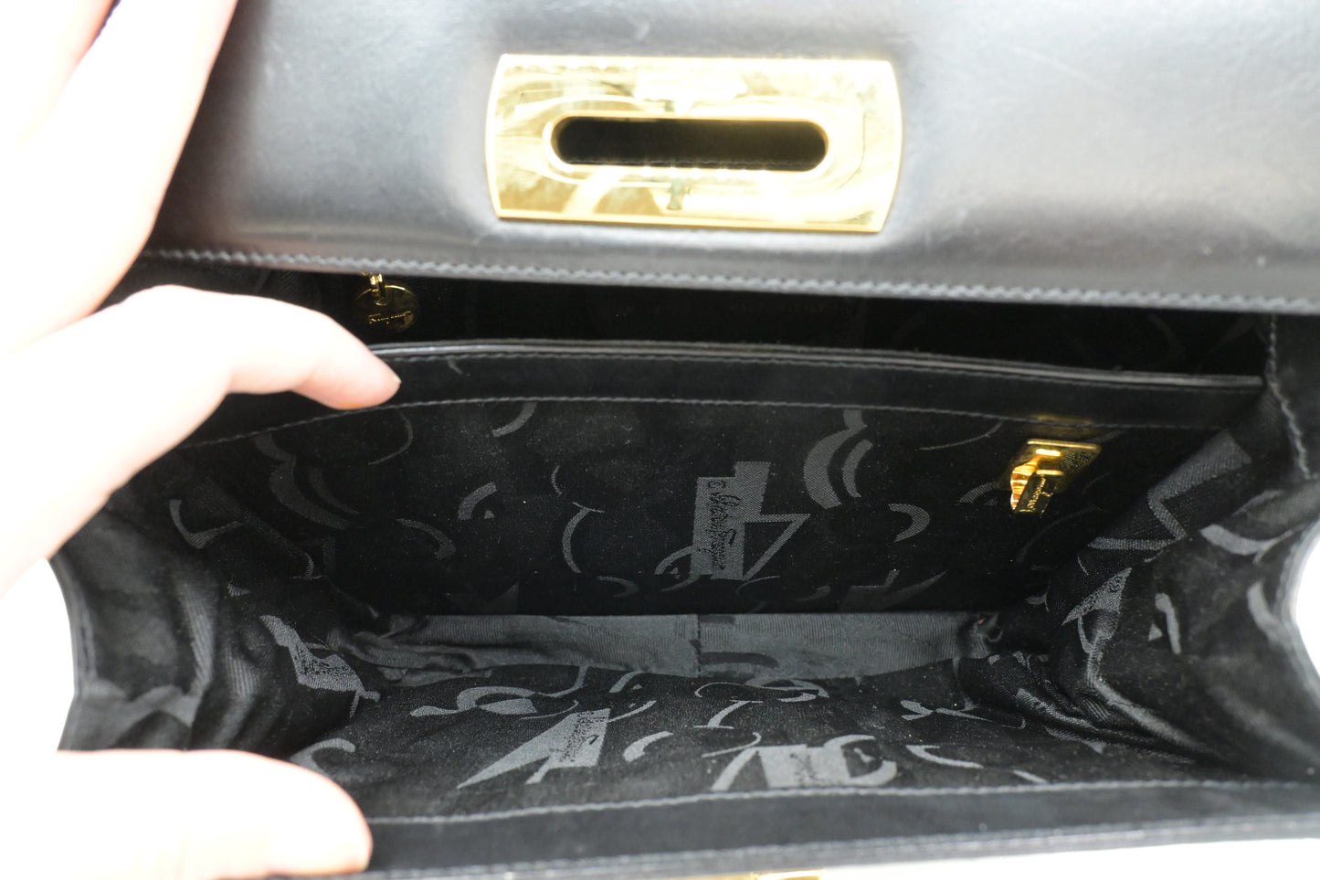 Ferragamo Gancini 2way Bag in Black Leather