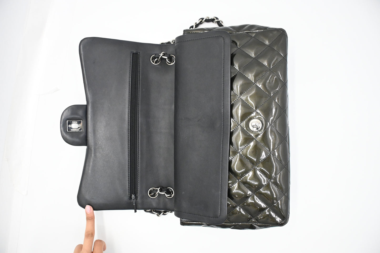 Chanel Jumbo Flap in Dark Green Striated Patent Leather