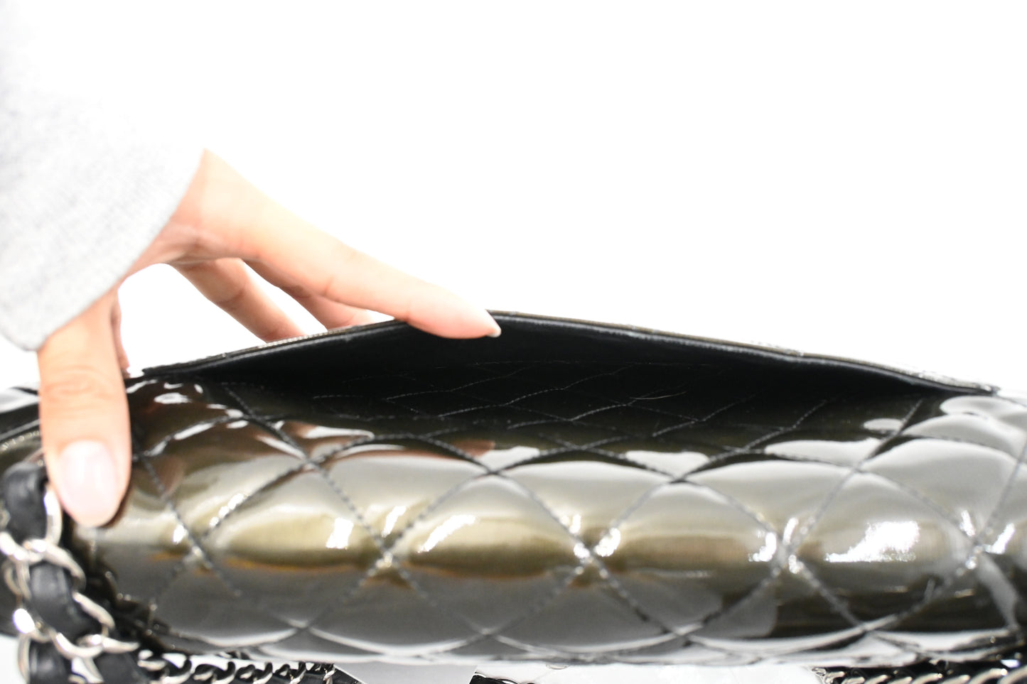 Chanel Jumbo Flap in Dark Green Striated Patent Leather