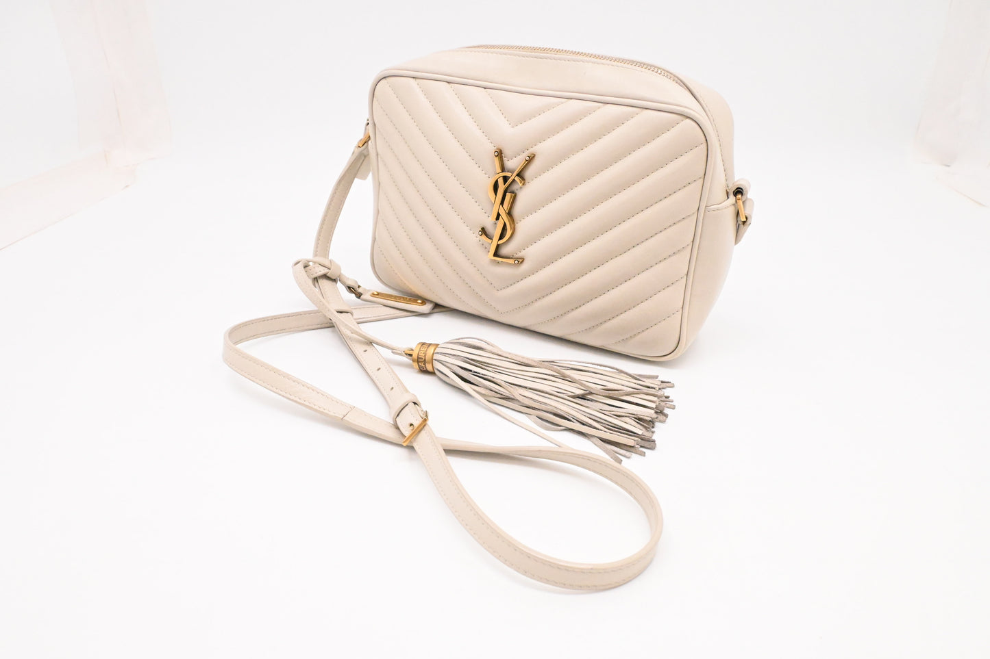 YSL Saint Laurent Lou Camera Bag in Off White Chevron Leather