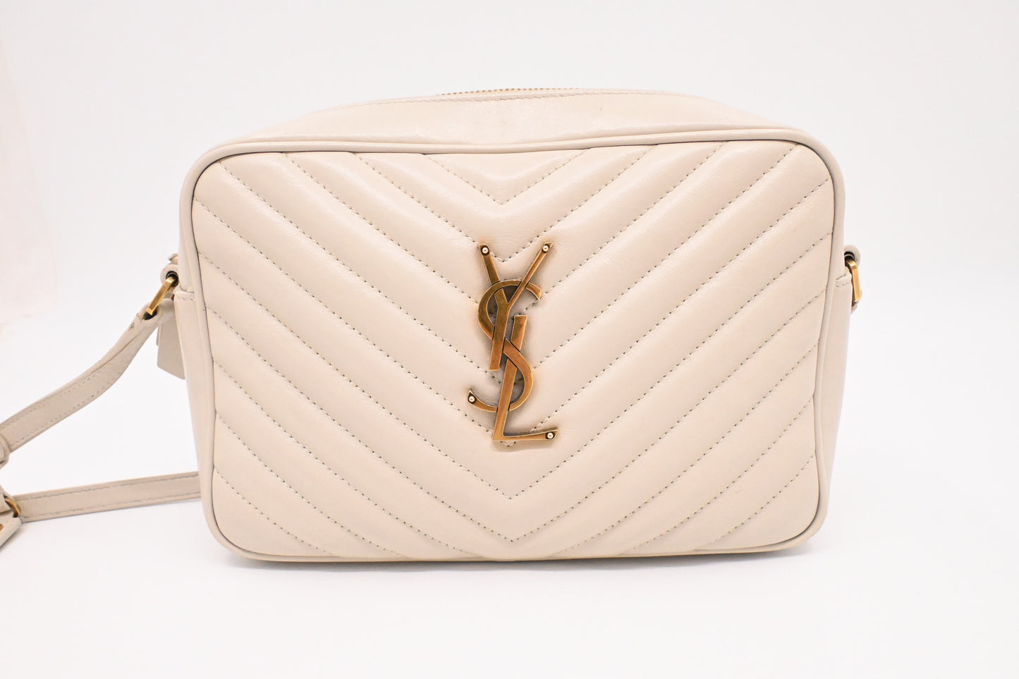 YSL Saint Laurent Lou Camera Bag in Off White Chevron Leather