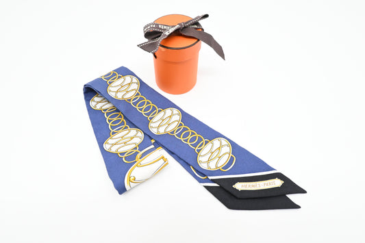 Hermes Twilly in Navy Blue and Gold Silk