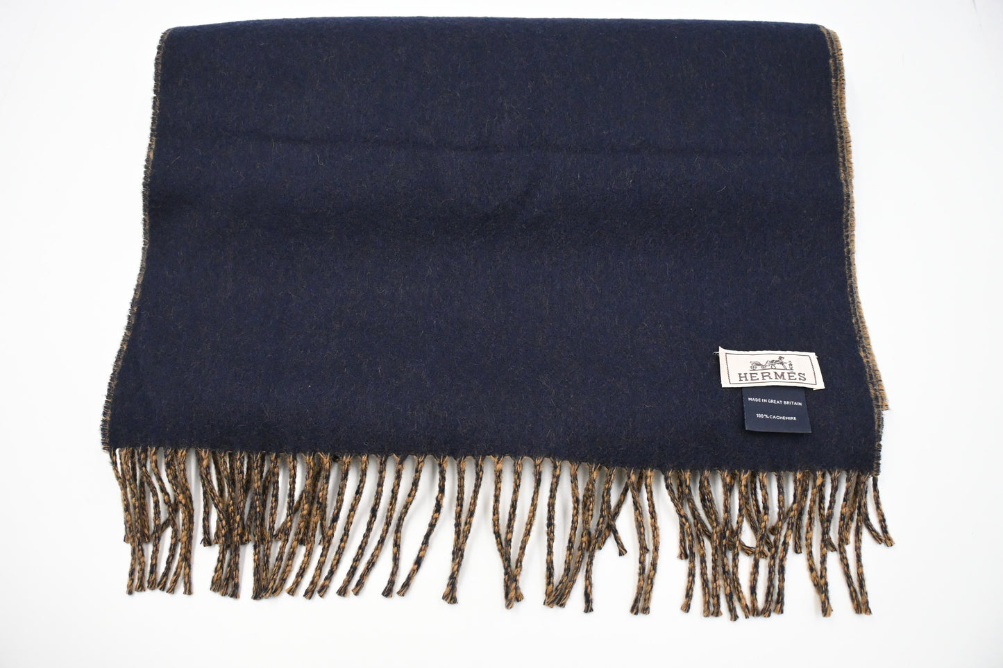 Hermes Scarf in Navy and Tan Cashmere