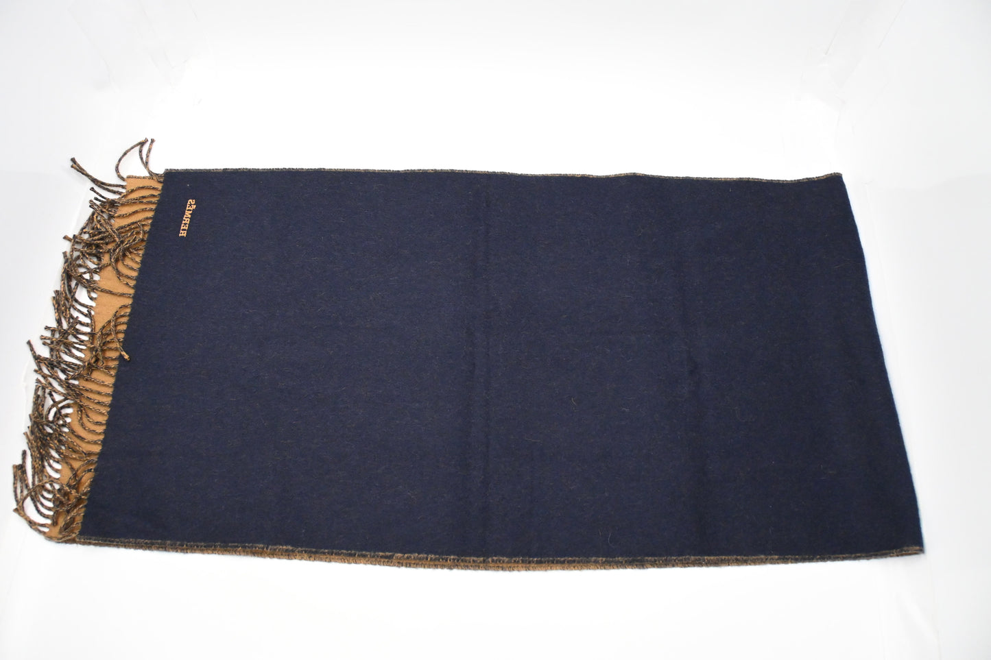 Hermes Scarf in Navy and Tan Cashmere