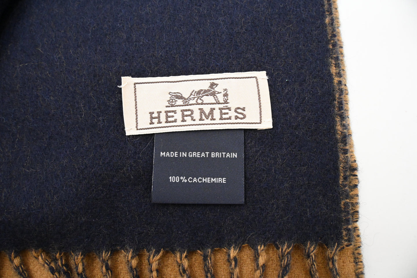Hermes Scarf in Navy and Tan Cashmere