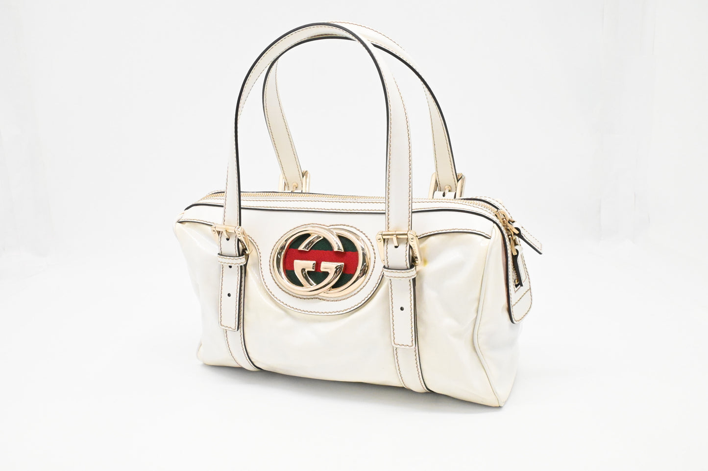 Gucci Britt Boston Bag in White Coated Canvas