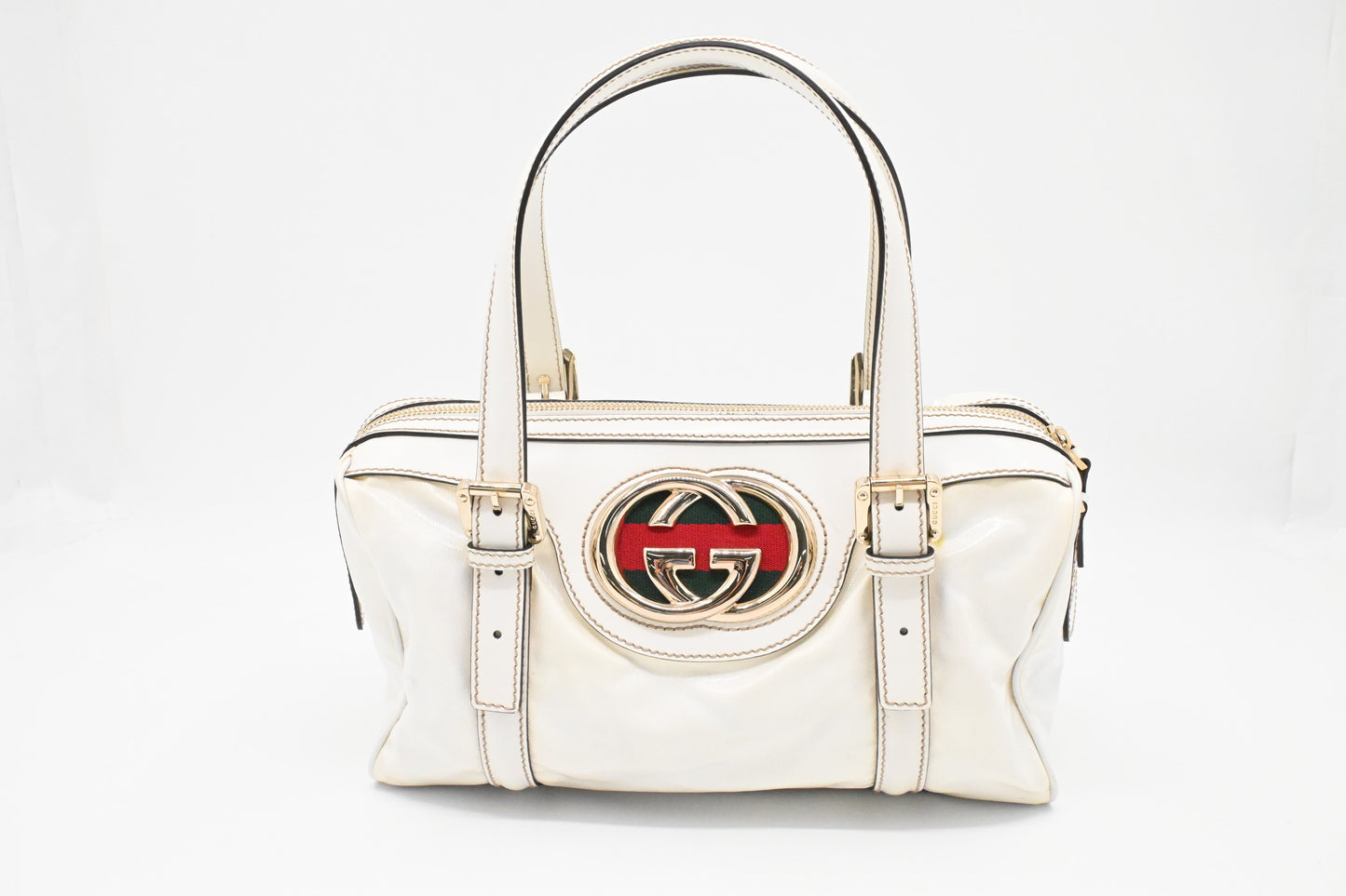 Gucci Britt Boston Bag in White Coated Canvas