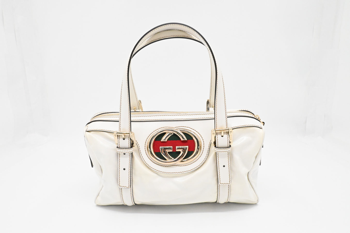 Gucci Britt Boston Bag in White Coated Canvas