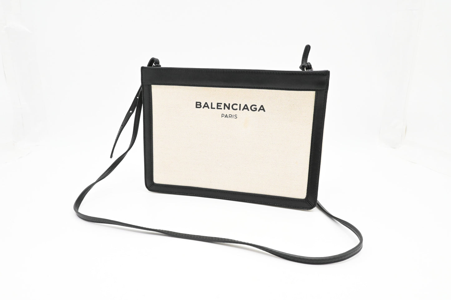 Balenciaga Navy Pochette Crossbody in Off White Canvas