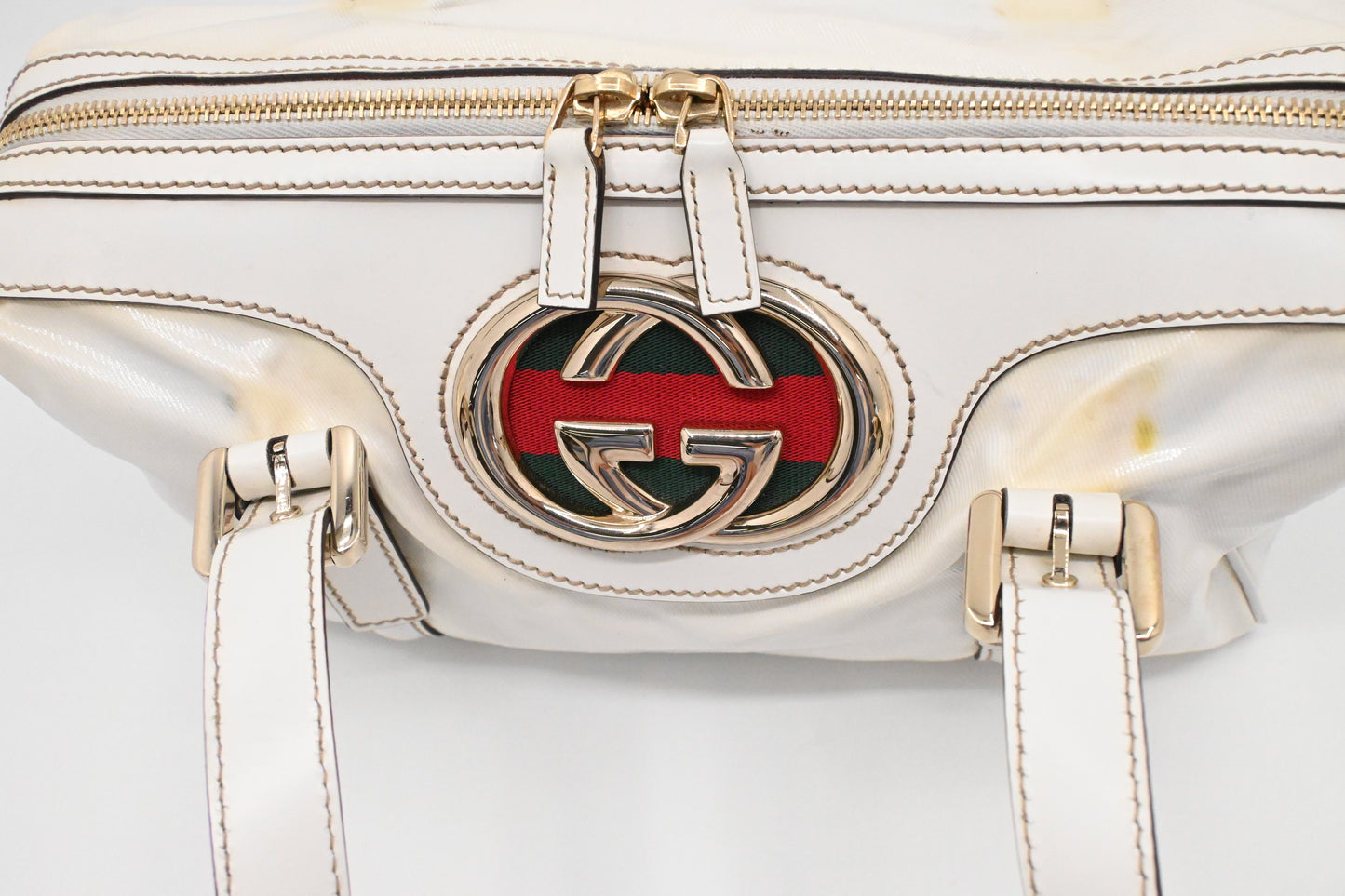 Gucci Britt Boston Bag in White Coated Canvas