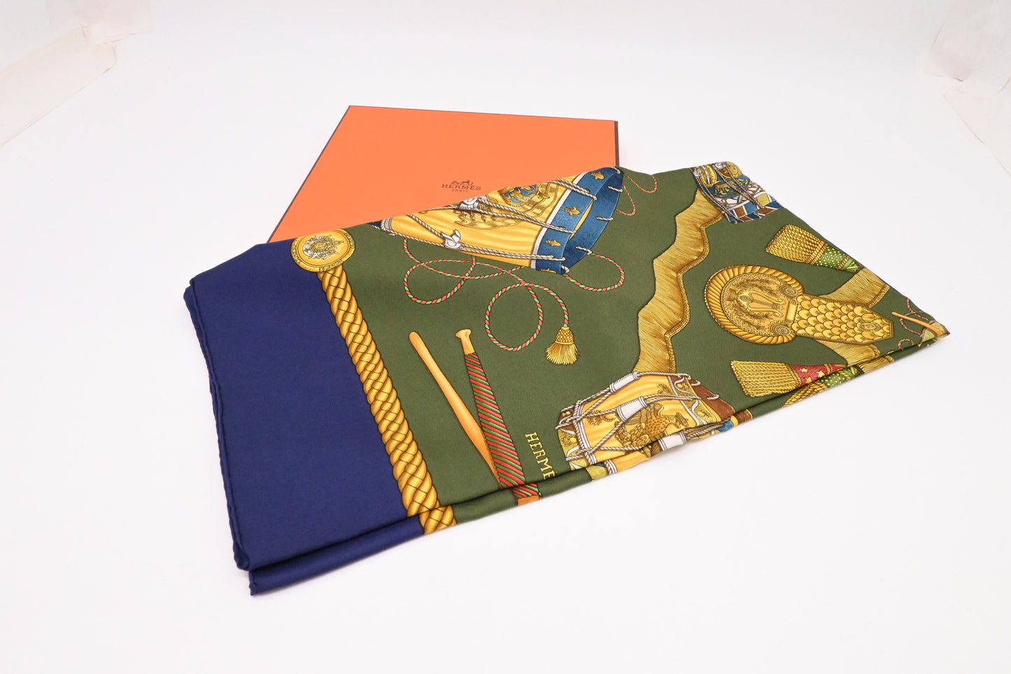 Hermes 'Les Tambours' Carre 90 in Blue and Green Silk