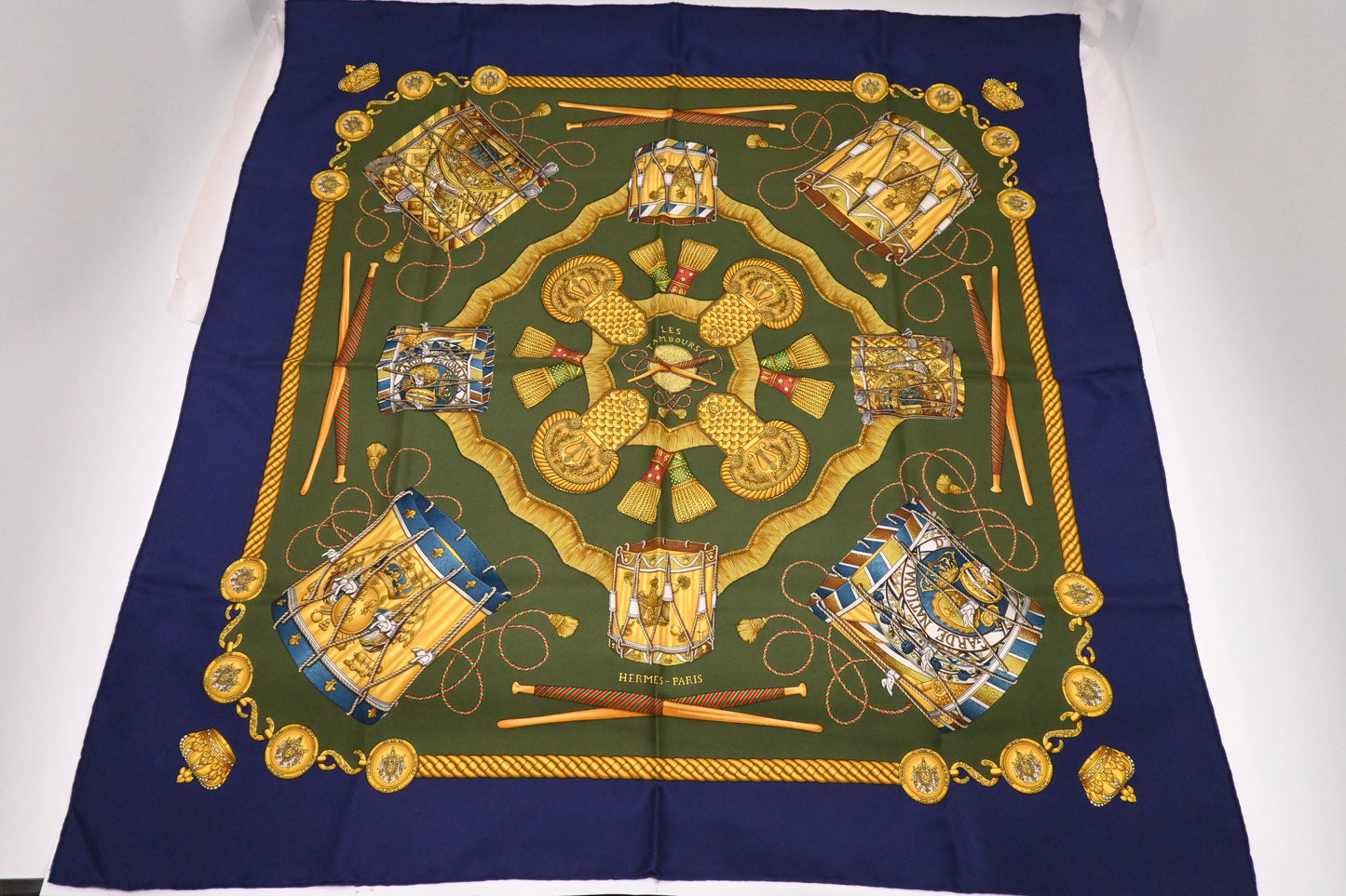 Hermes 'Les Tambours' Carre 90 in Blue and Green Silk