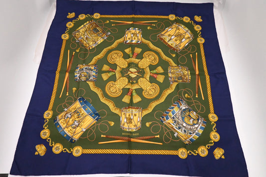 Hermes 'Les Tambours' Carre 90 in Blue and Green Silk