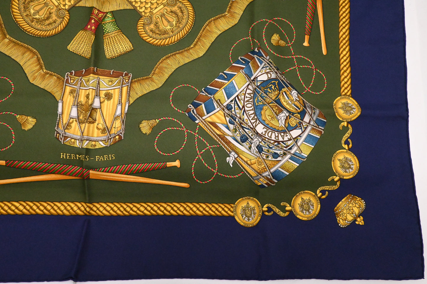Hermes 'Les Tambours' Carre 90 in Blue and Green Silk