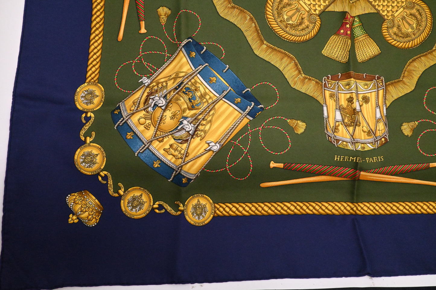 Hermes 'Les Tambours' Carre 90 in Blue and Green Silk