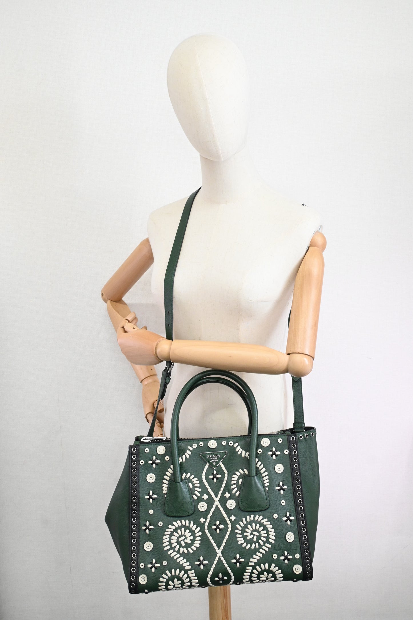 Prada Twin Pocket Tote in Green Embroidered Saffiano Leather
