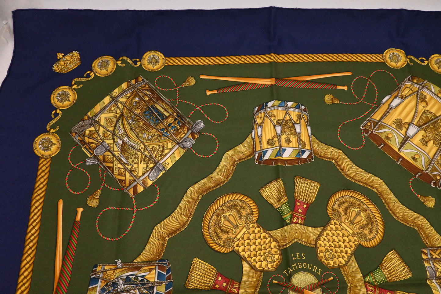 Hermes 'Les Tambours' Carre 90 in Blue and Green Silk