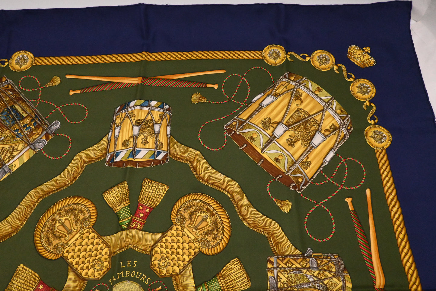 Hermes 'Les Tambours' Carre 90 in Blue and Green Silk