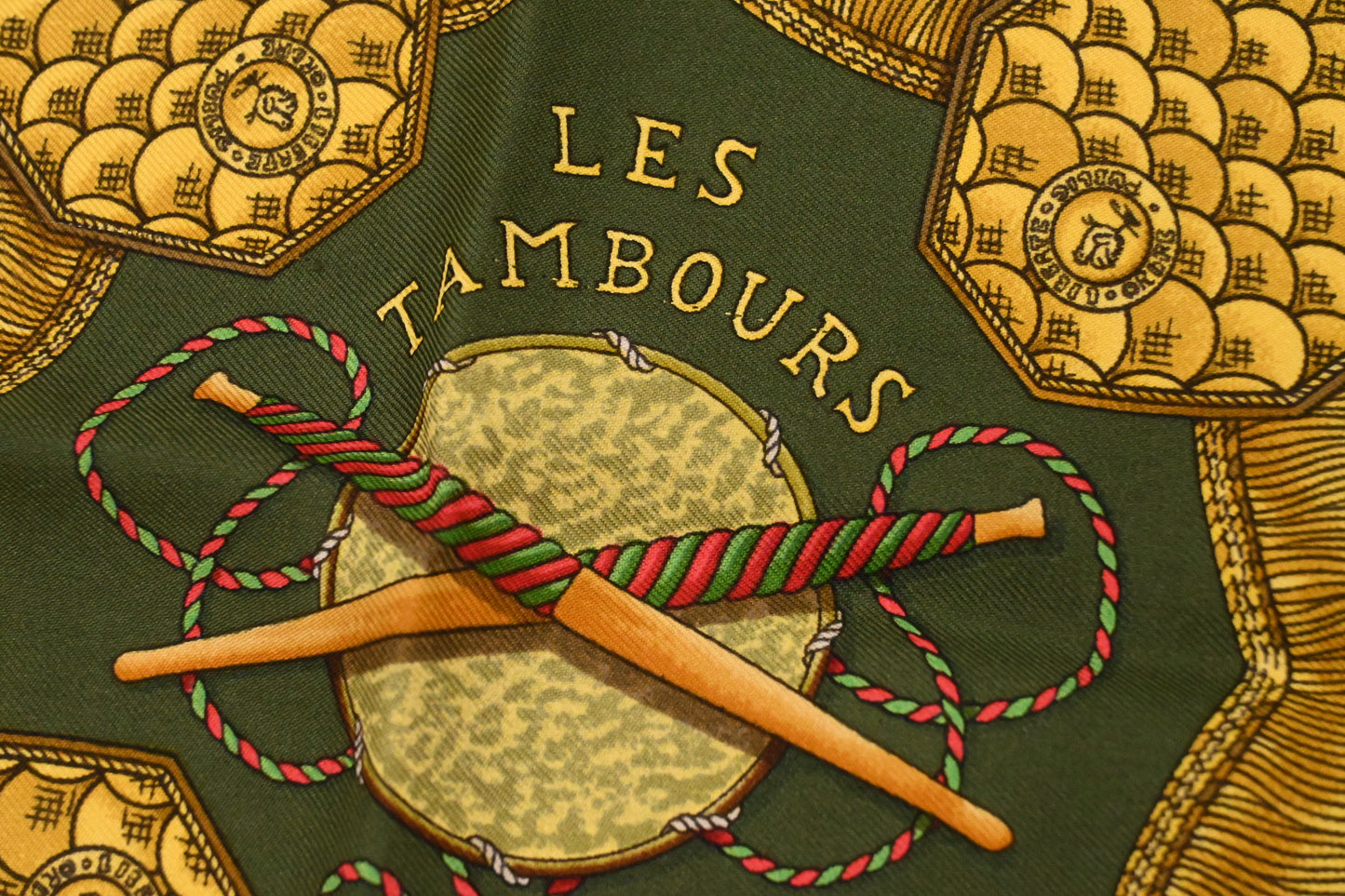 Hermes 'Les Tambours' Carre 90 in Blue and Green Silk