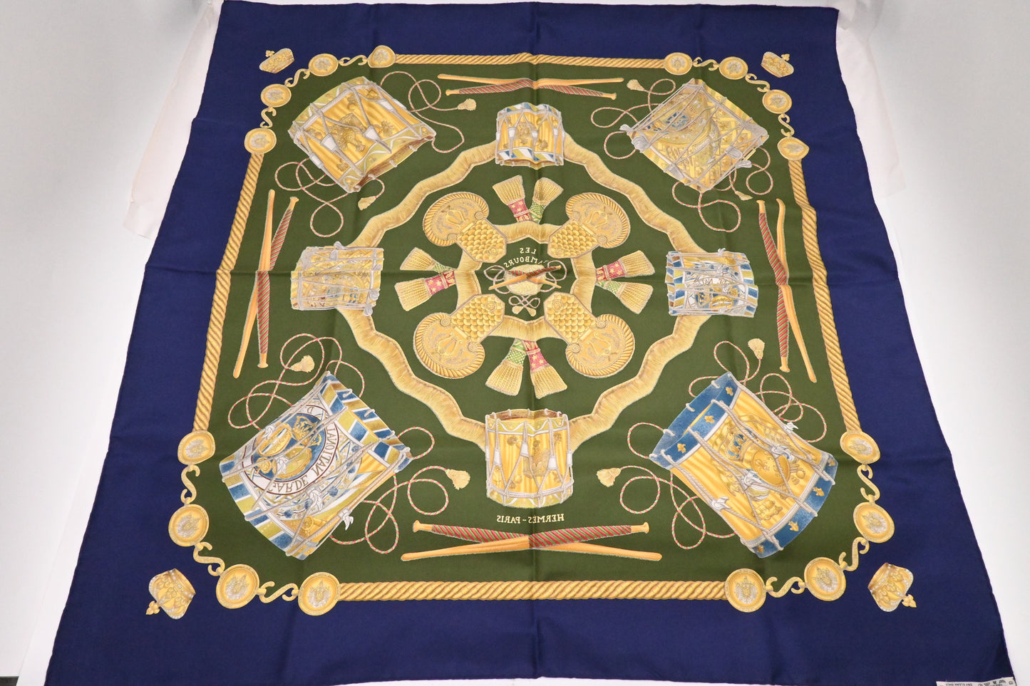 Hermes 'Les Tambours' Carre 90 in Blue and Green Silk