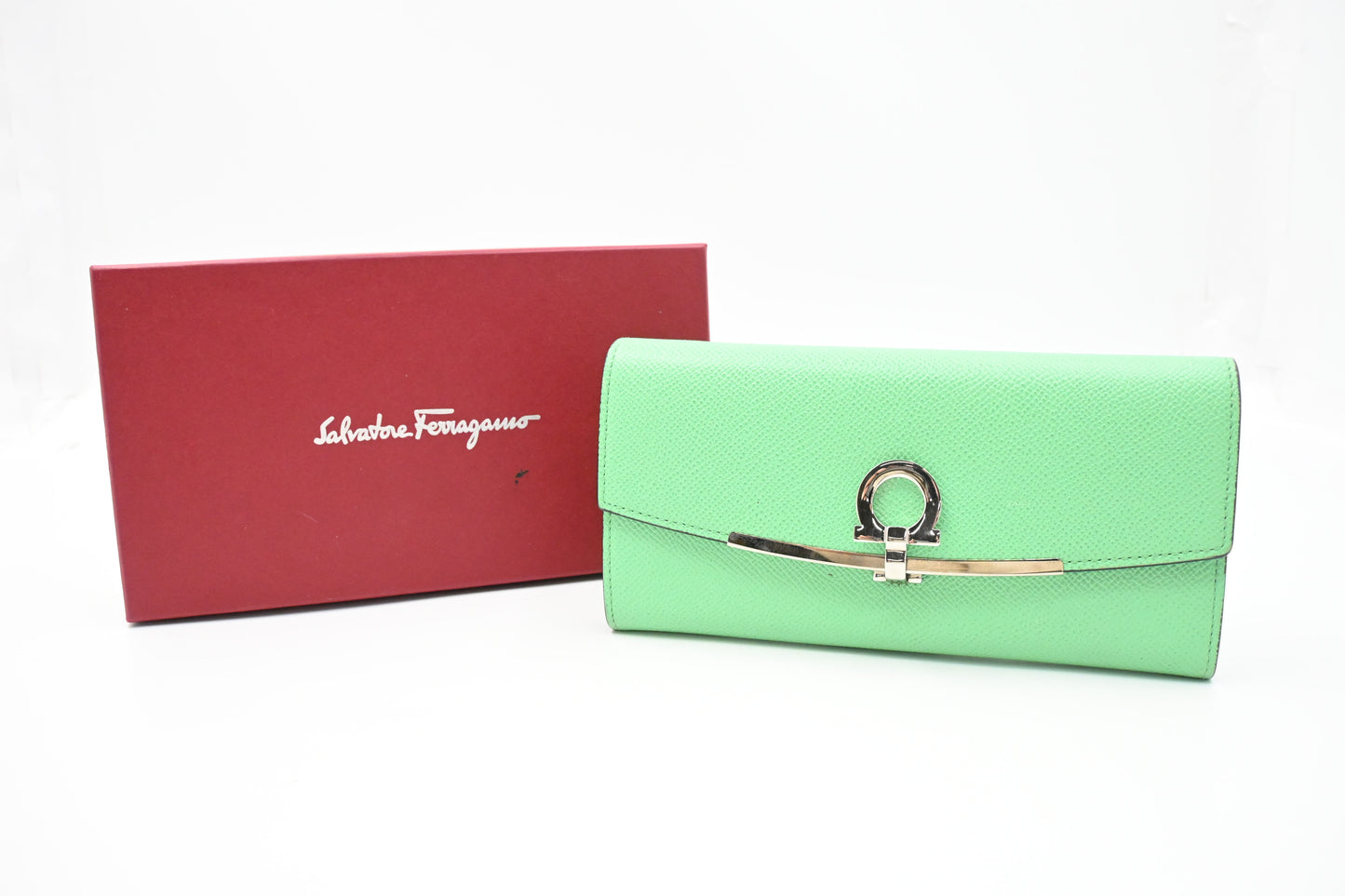 Ferragamo Gancini Long Wallet in Green Leather