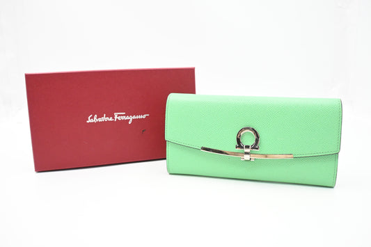 Ferragamo Gancini Long Wallet in Green Leather
