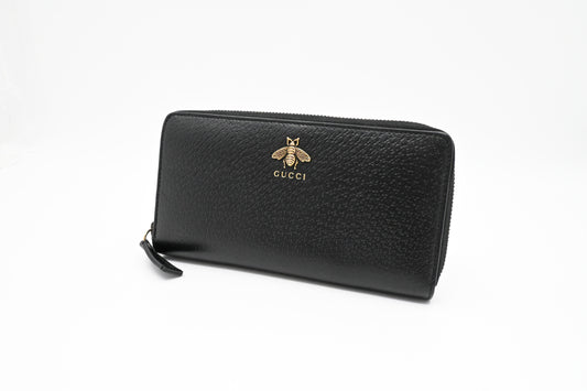Gucci Long Zippy Bee Wallet in Black Leather