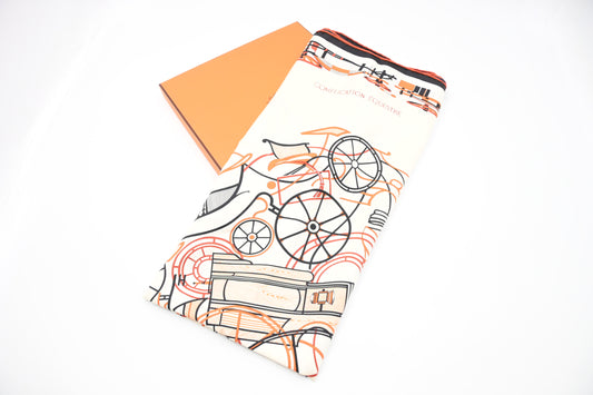 Hermes 'Complication Equestre' Carre 90 in Cream and Orange Silk