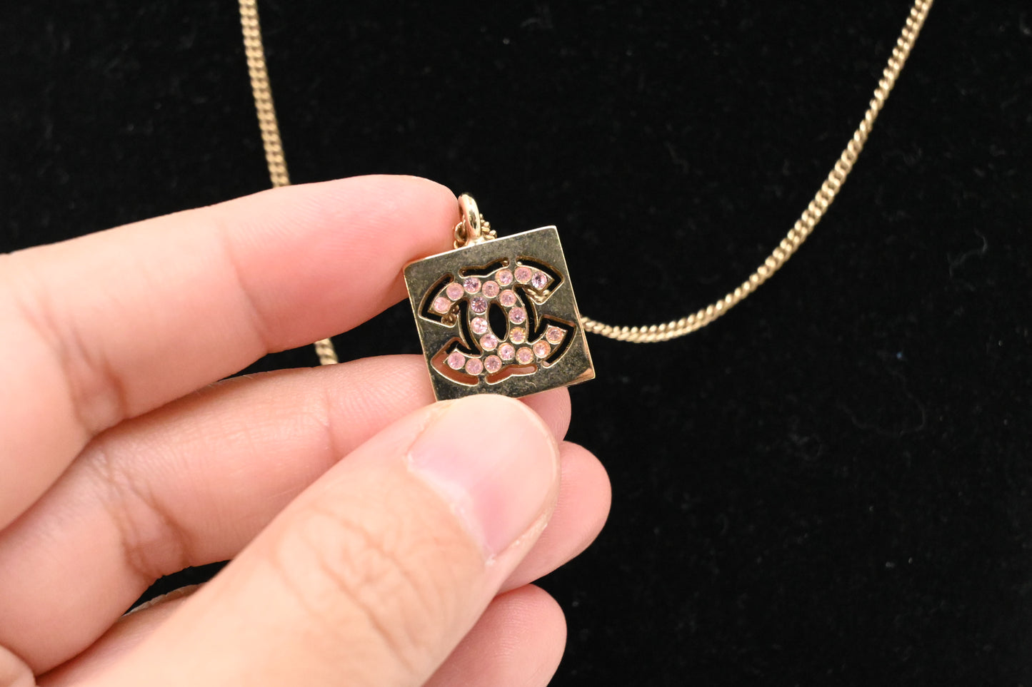 Chanel Pink Rhinestone CC Cutout Necklace