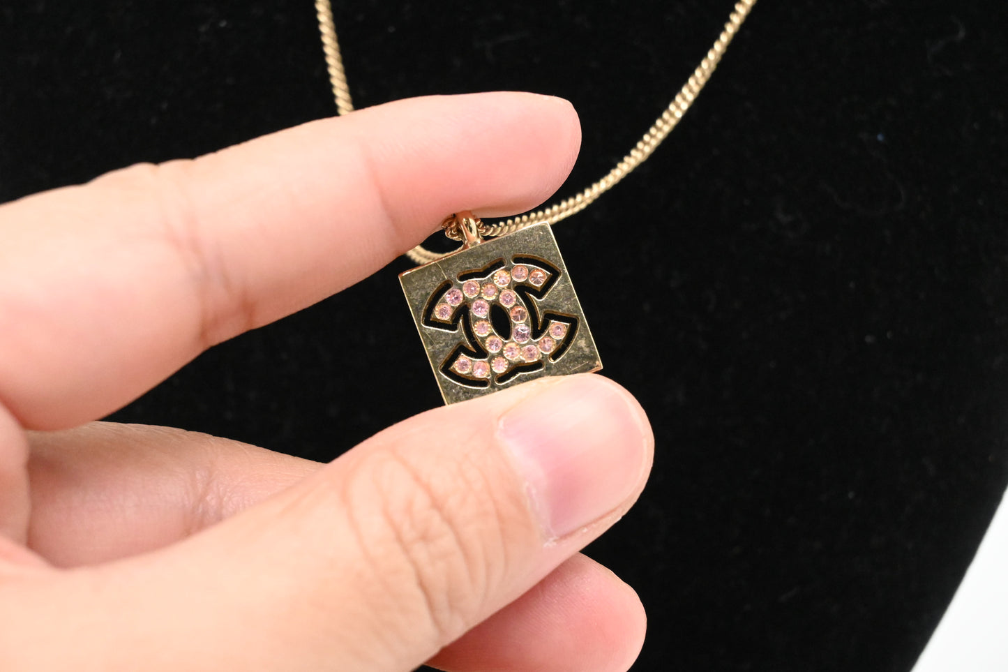 Chanel Pink Rhinestone CC Cutout Necklace