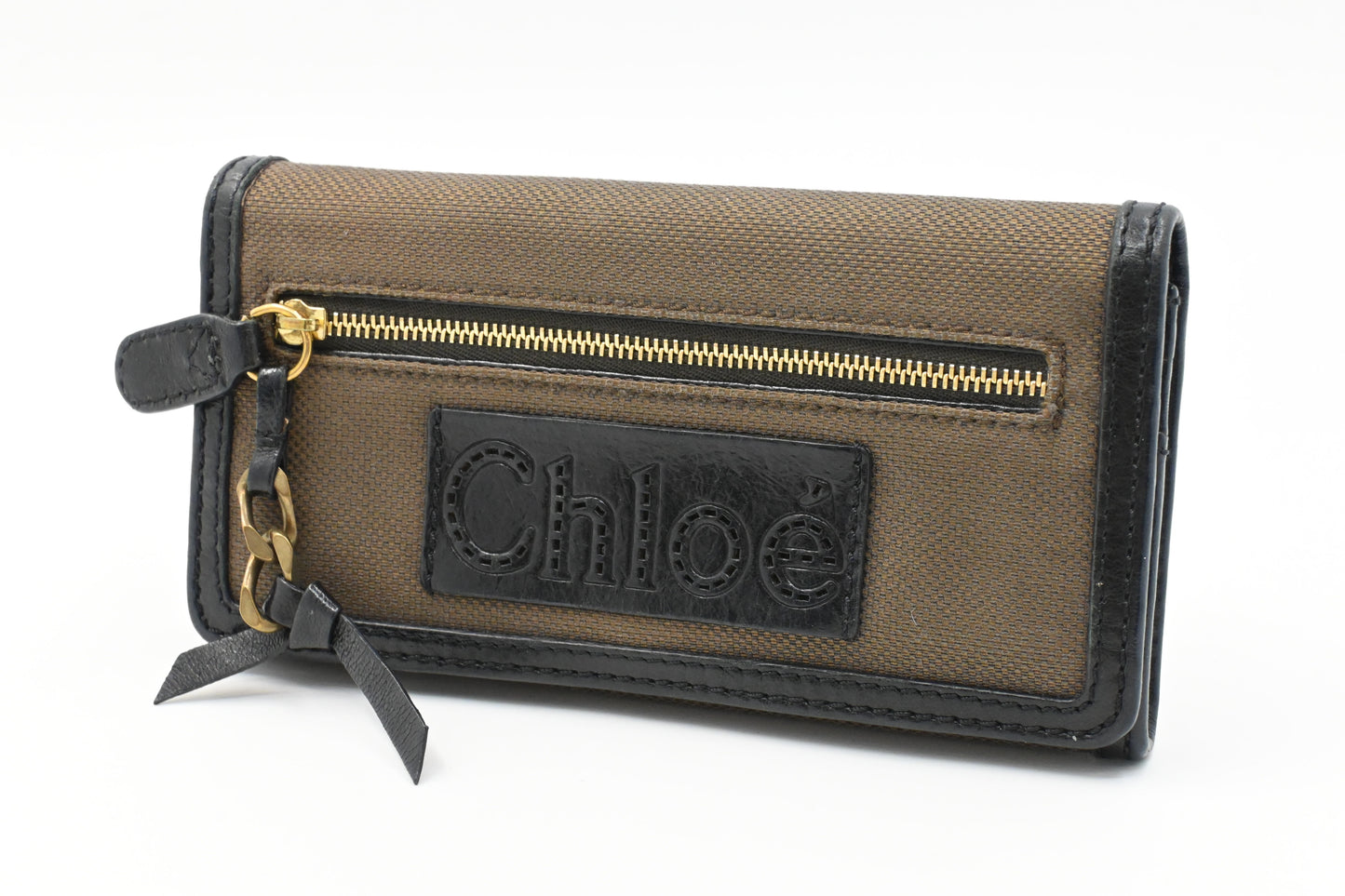 Chloe Long Wallet in Brown Canvas and Black Leather