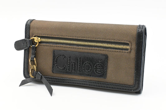 Chloe Long Wallet in Brown Canvas and Black Leather