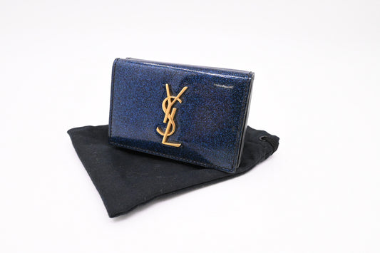 YSL Saint Laurent Compact Wallet in Metallic Blue Patent Leather