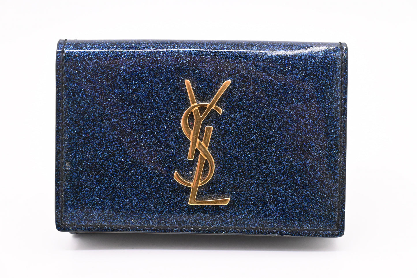 YSL Saint Laurent Compact Wallet in Metallic Blue Patent Leather