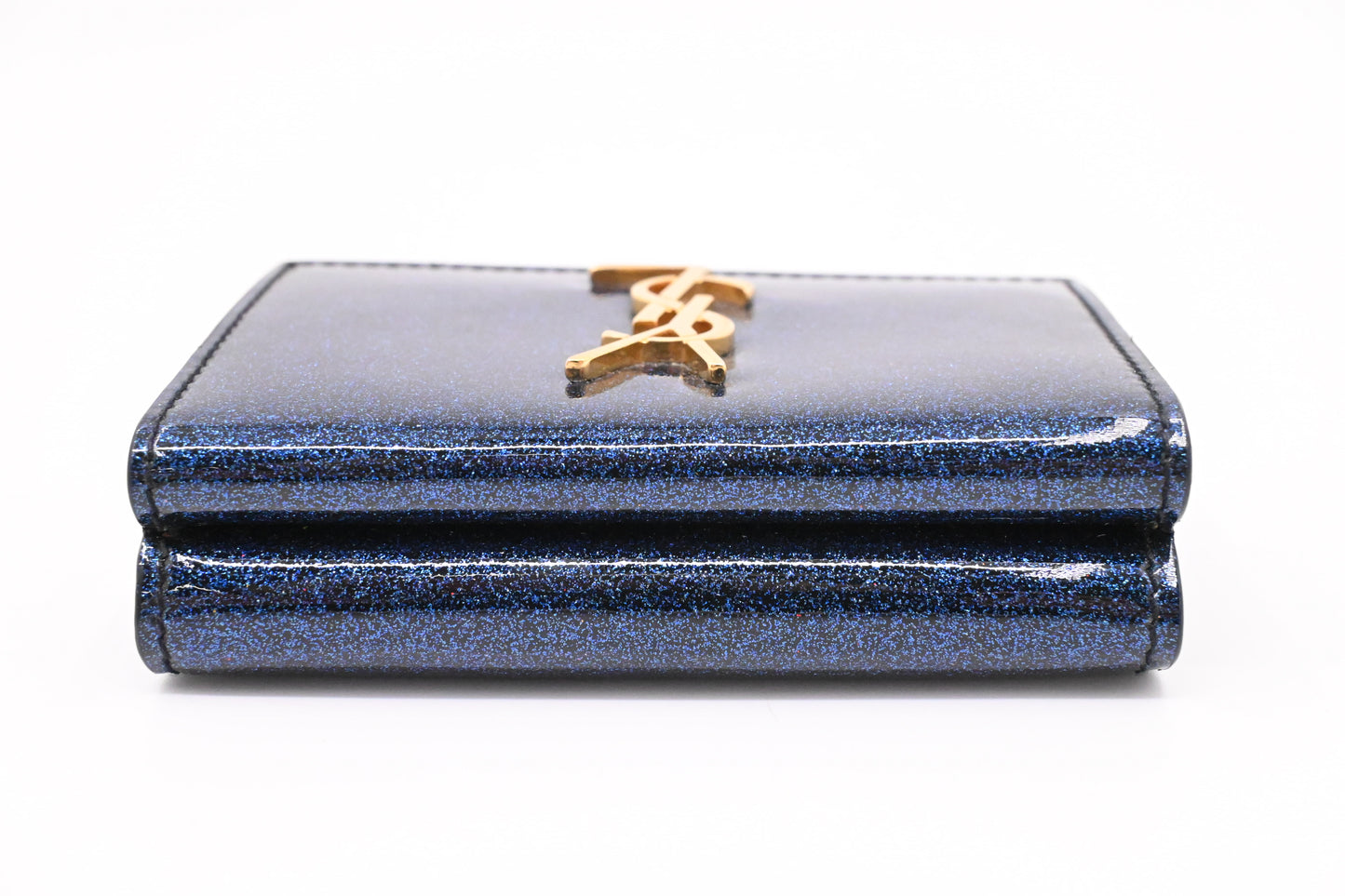 YSL Saint Laurent Compact Wallet in Metallic Blue Patent Leather