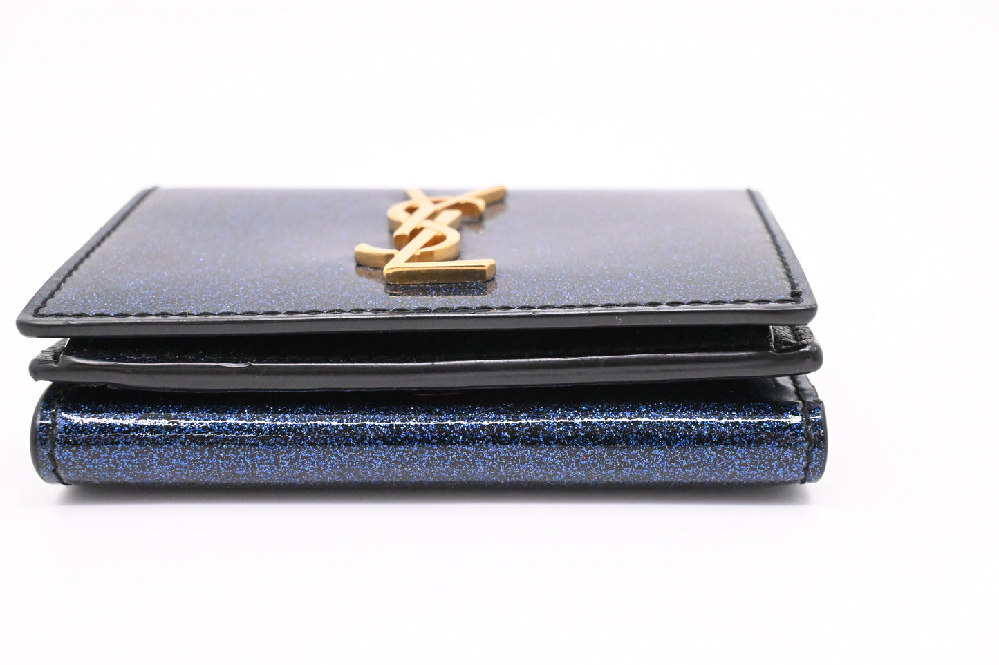 YSL Saint Laurent Compact Wallet in Metallic Blue Patent Leather