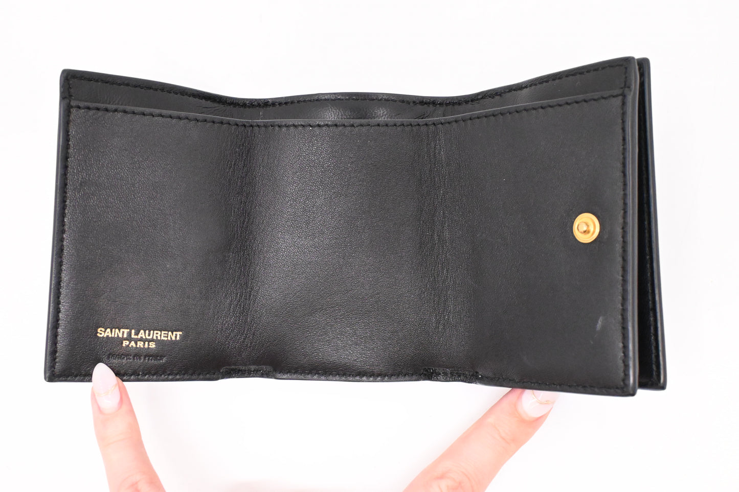 YSL Saint Laurent Compact Wallet in Metallic Blue Patent Leather