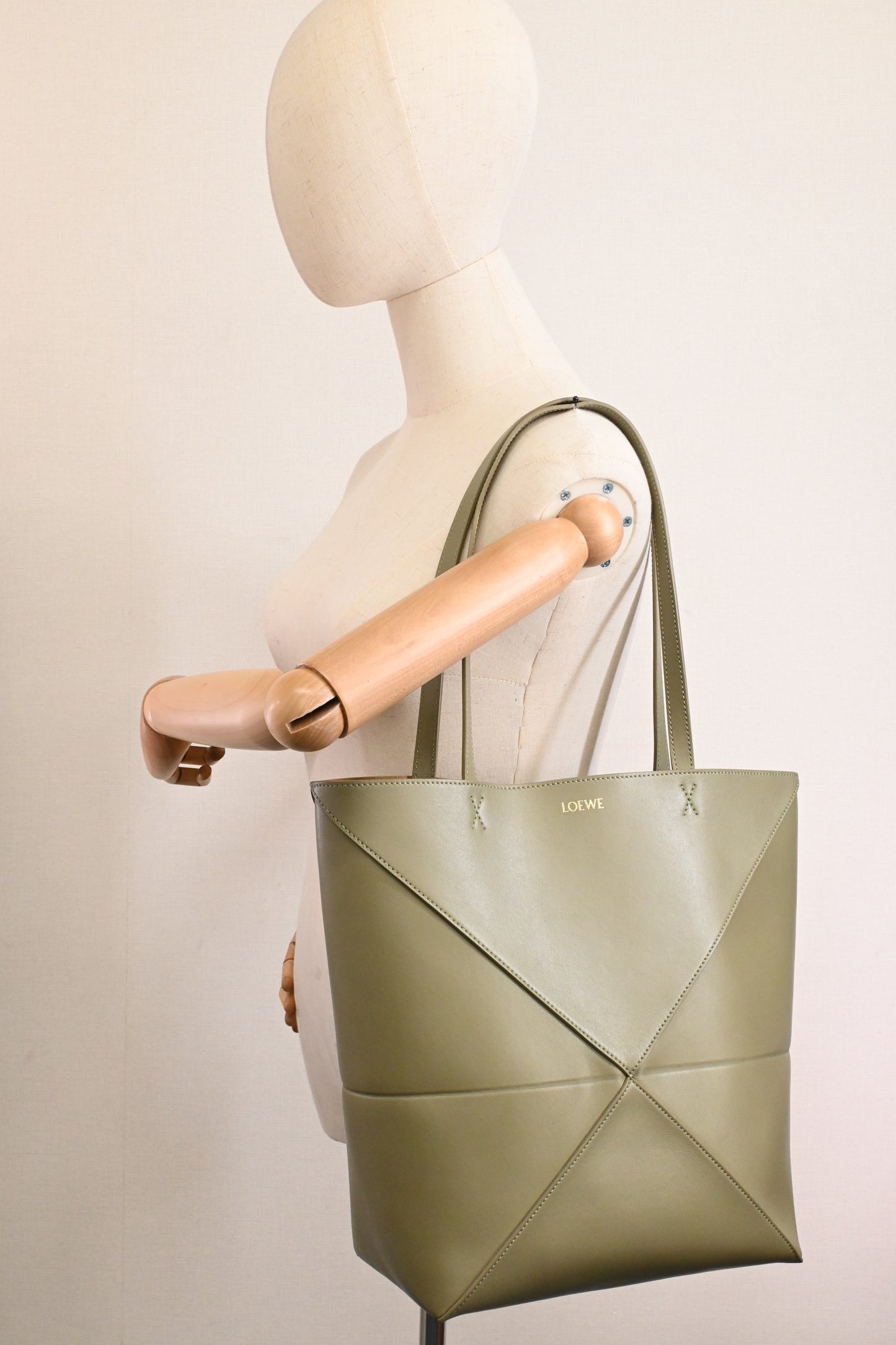 Loewe Puzzle Fold Tote Bag in Khaki Green Leather