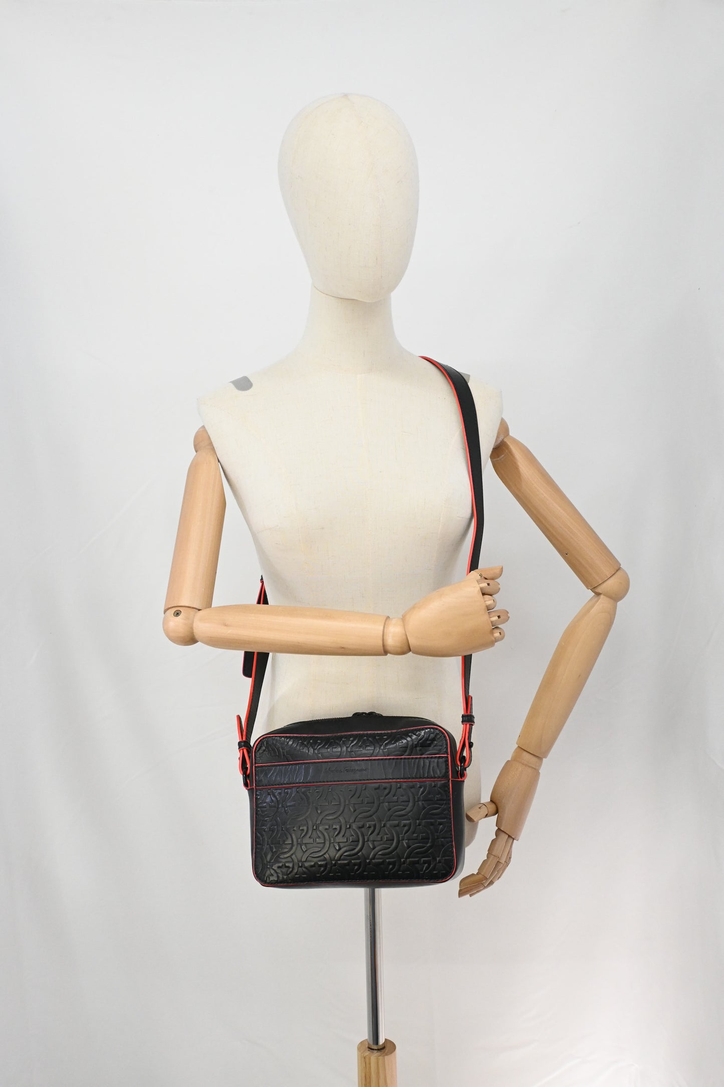 Ferragamo Embossed Gancini Crossbody in Black Leather