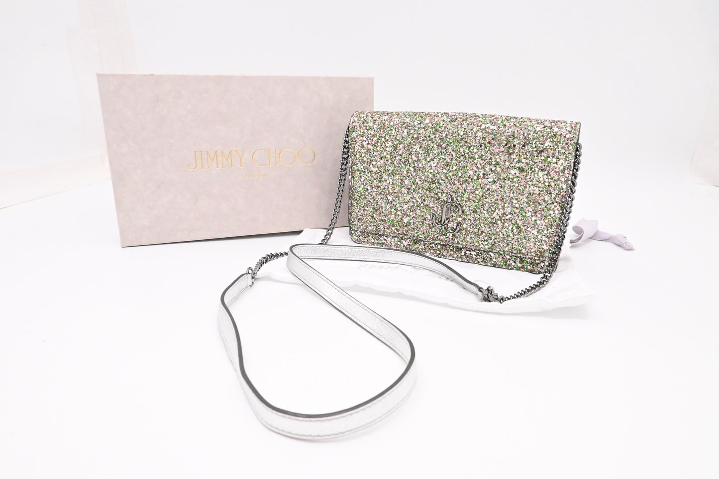 Jimmy Choo Palace Crossbody Bag in Silver and Green Glittered Leather