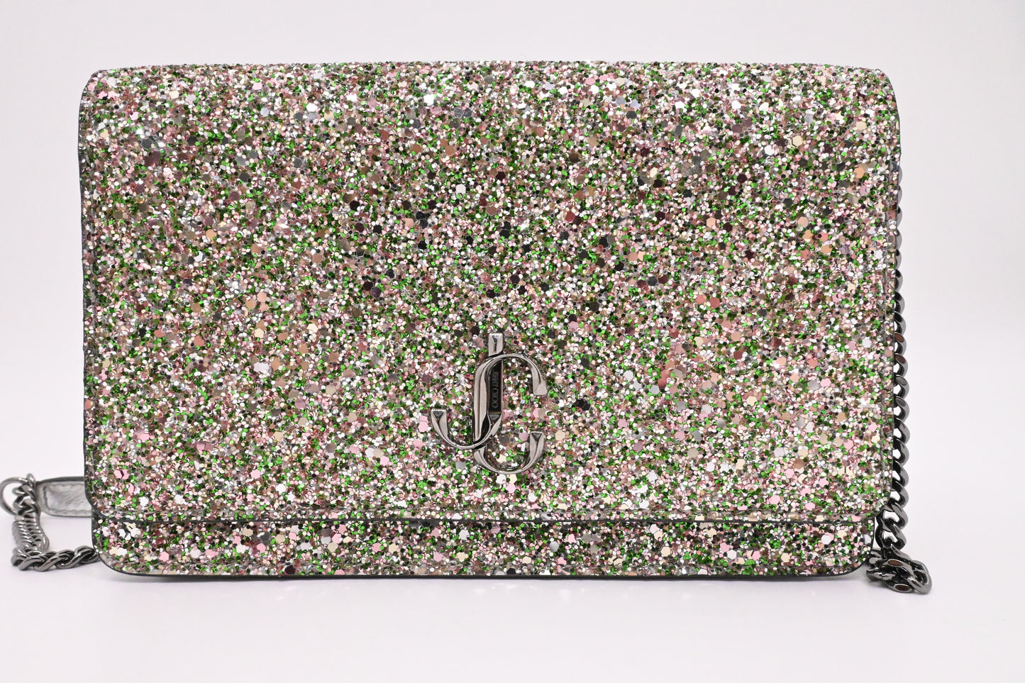 Jimmy Choo Palace Crossbody Bag in Silver and Green Glittered Leather