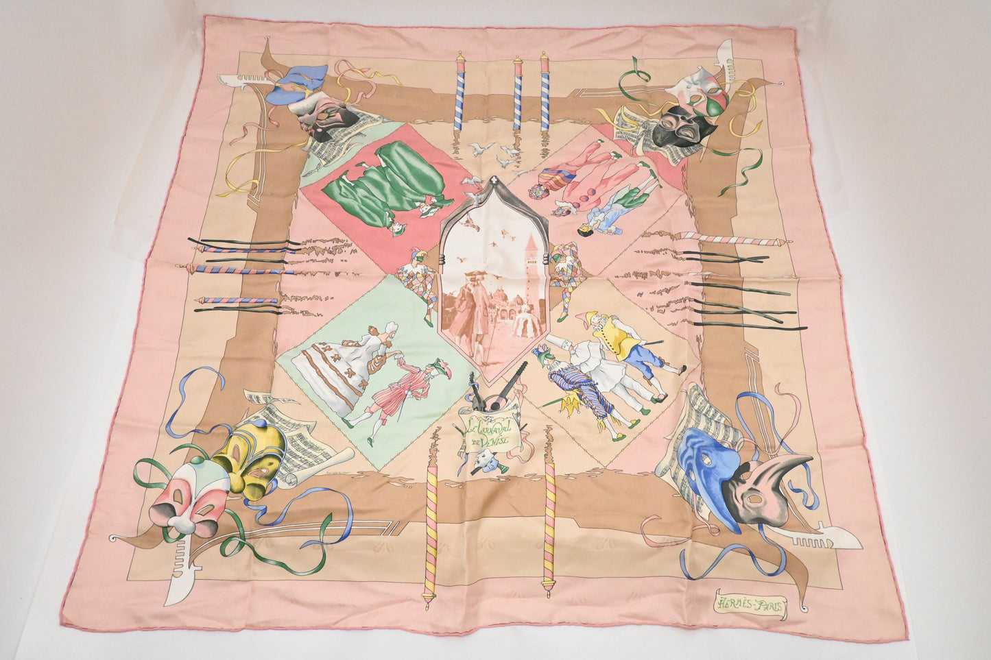 Hermes 'Le Carnaval de Venise' Carre 90 in Pink Jacquard Silk