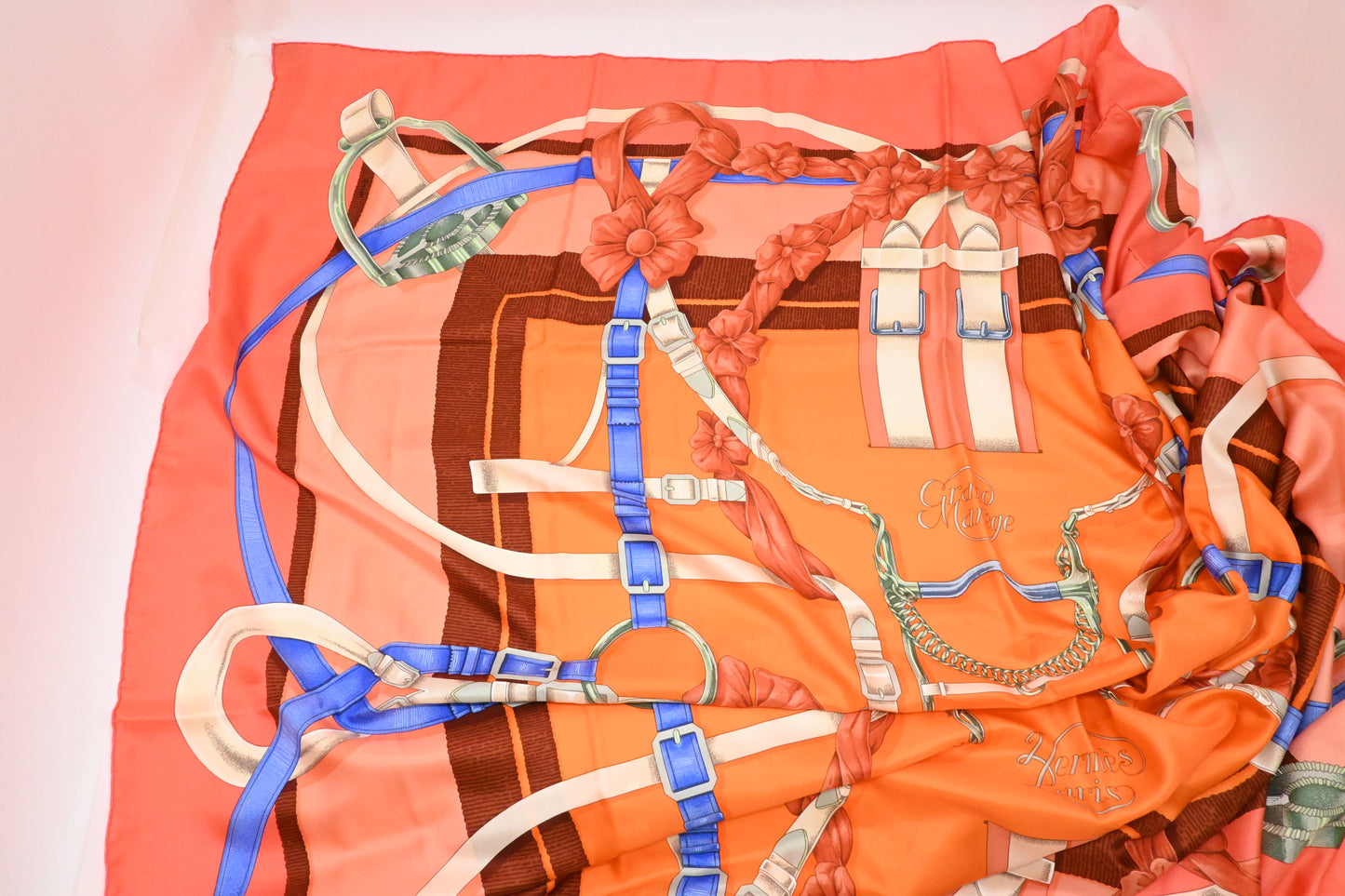 Hermes 'Grand Manege' Carre 140 in Pink and Orange Silk
