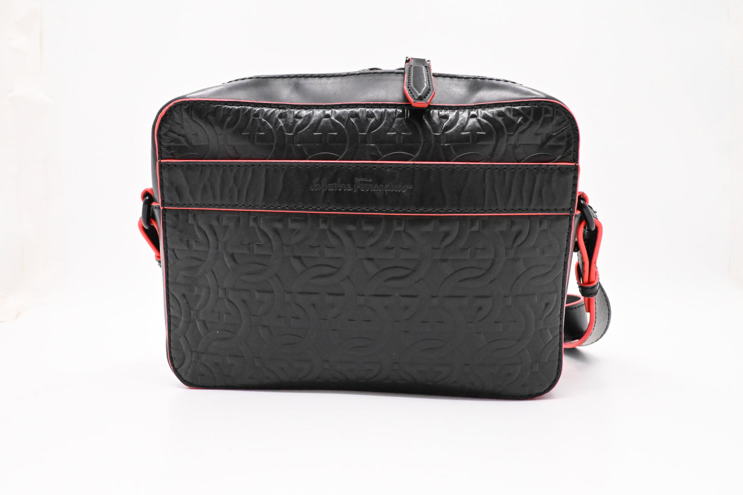 Ferragamo Embossed Gancini Crossbody in Black Leather