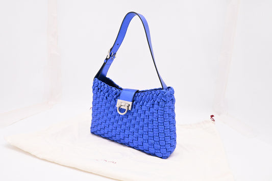 Ferragamo Trifolio Shoulder Bag in Metallic Blue Leather