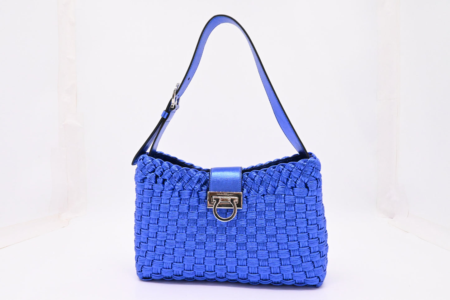 Ferragamo Trifolio Shoulder Bag in Metallic Blue Leather