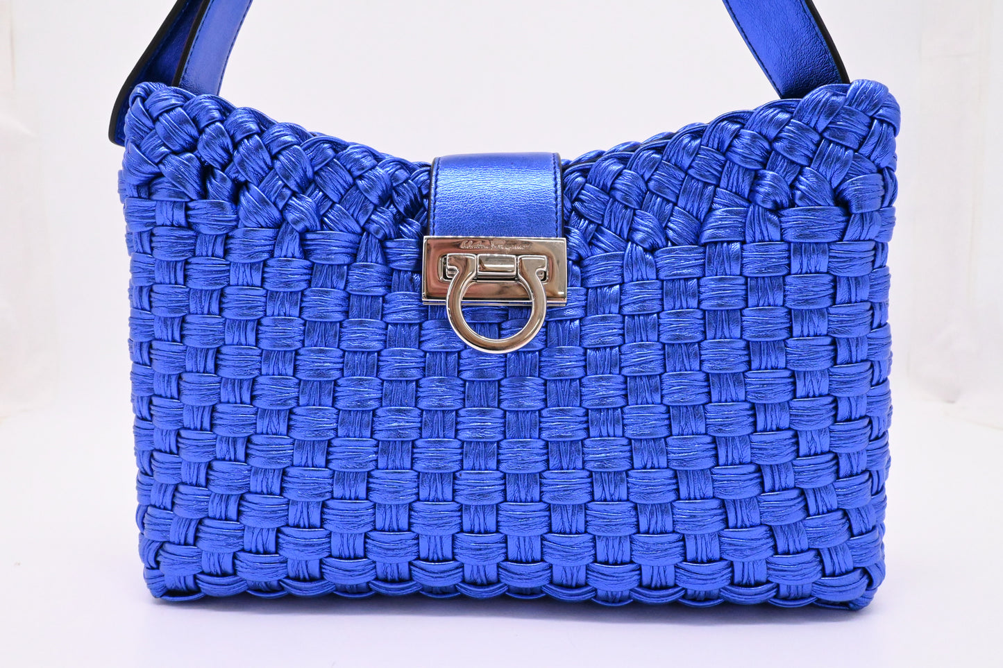 Ferragamo Trifolio Shoulder Bag in Metallic Blue Leather