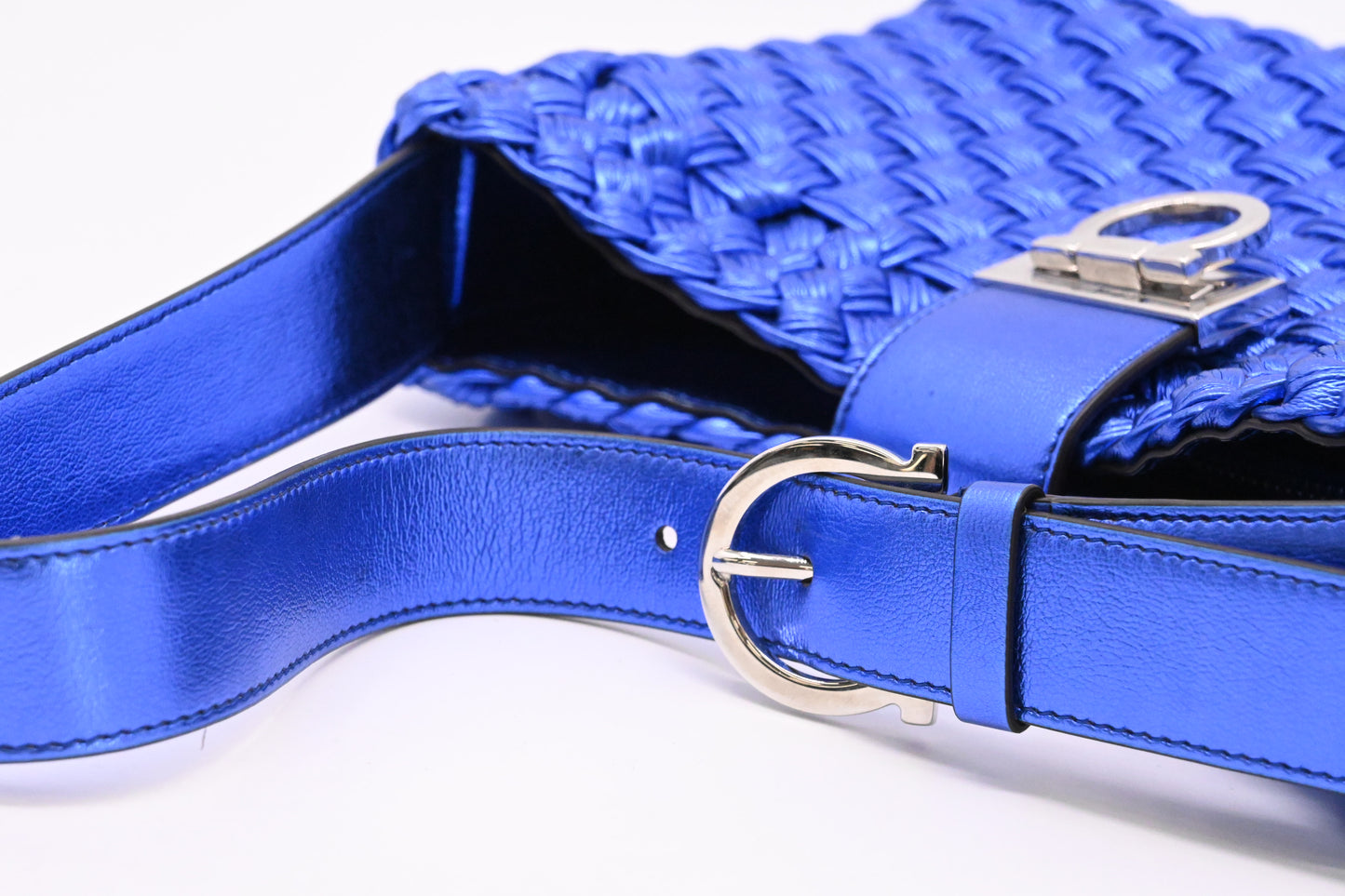 Ferragamo Trifolio Shoulder Bag in Metallic Blue Leather