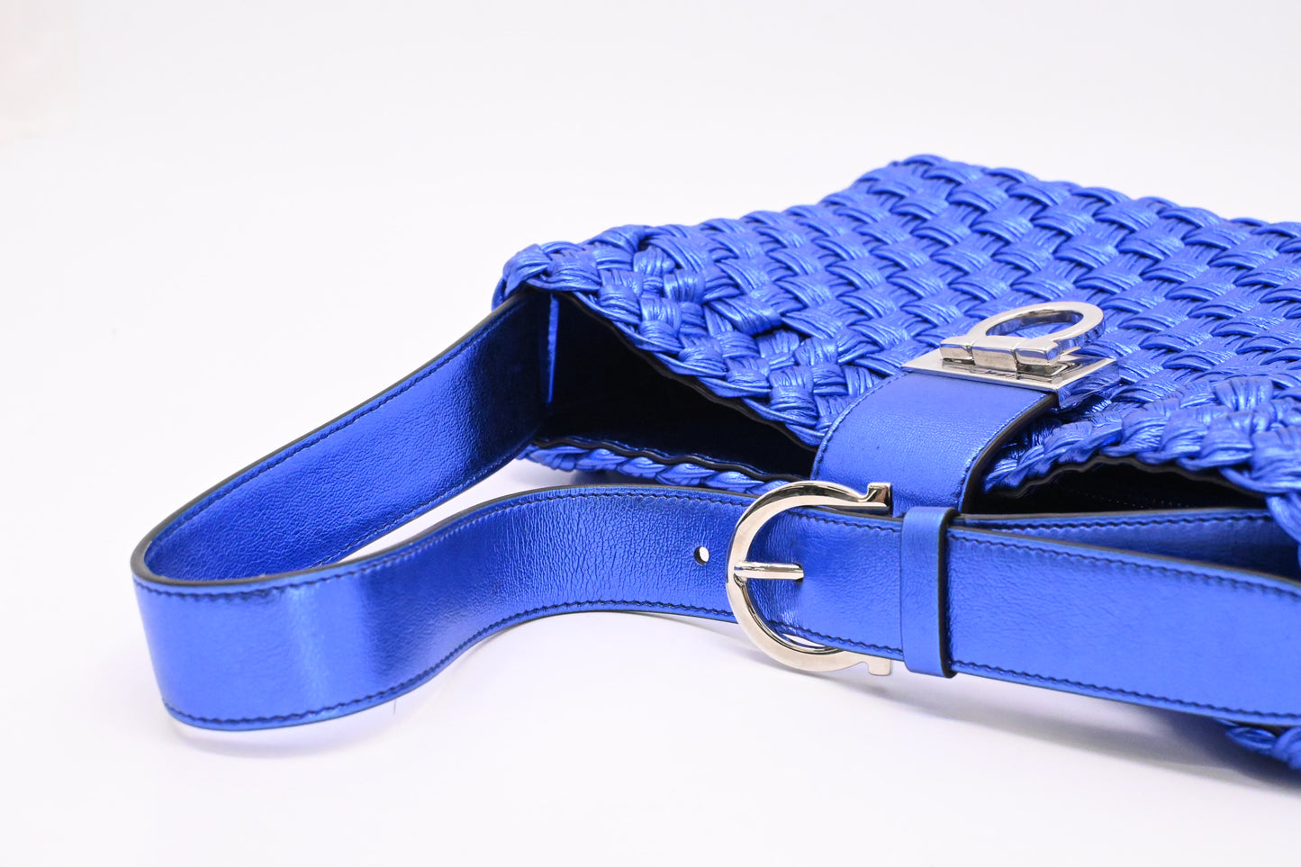 Ferragamo Trifolio Shoulder Bag in Metallic Blue Leather